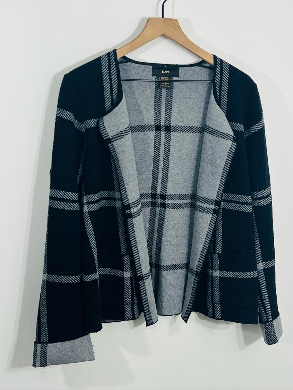 Rain Black Open Front Knit Cardigan Sweater Plaid Business Casual Preppy Sz Med
